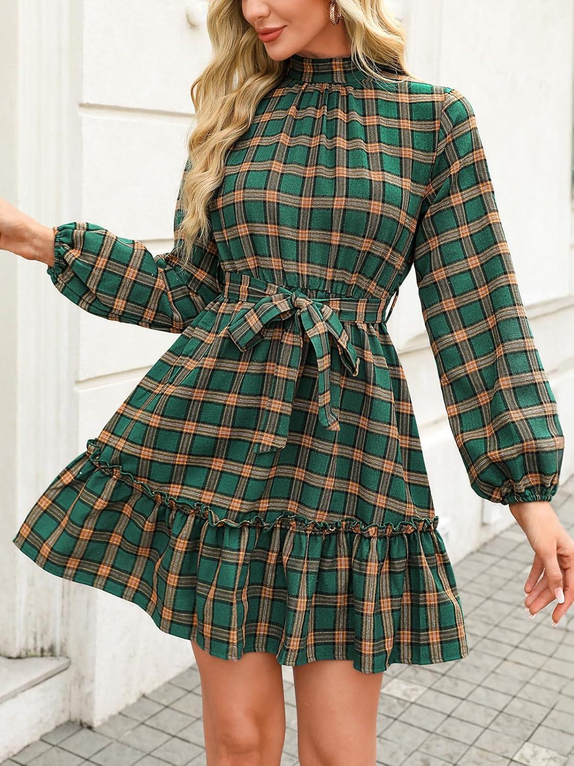 imageCUPSHE Womens Mini Dress High Neck Plaid Long Sleeve Belted Ruffled Hem Short DressesGreen