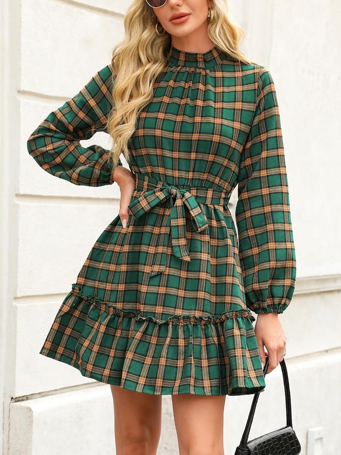 imageCUPSHE Womens Mini Dress High Neck Plaid Long Sleeve Belted Ruffled Hem Short DressesGreen