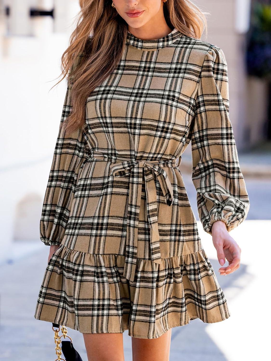 imageCUPSHE Womens Mini Dress High Neck Plaid Long Sleeve Belted Ruffled Hem Short DressesKhaki