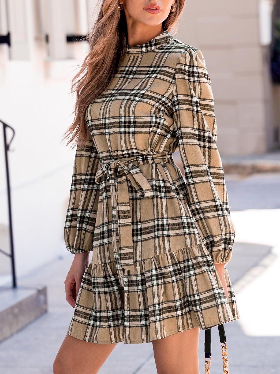 imageCUPSHE Womens Mini Dress High Neck Plaid Long Sleeve Belted Ruffled Hem Short DressesKhaki