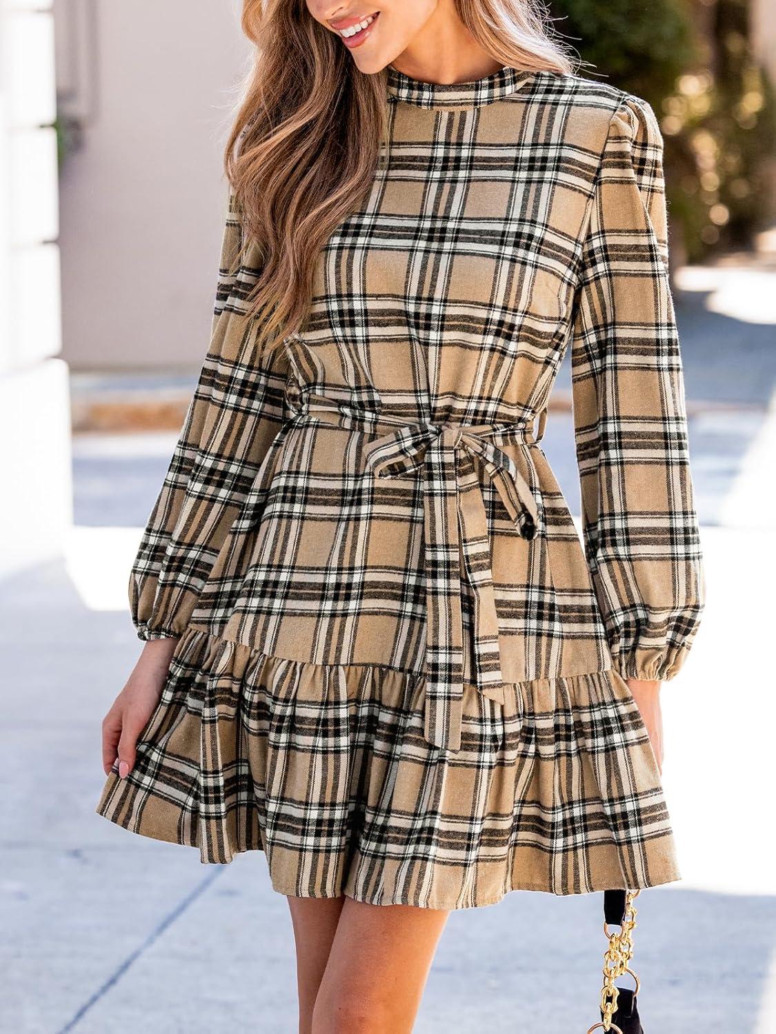 imageCUPSHE Womens Mini Dress High Neck Plaid Long Sleeve Belted Ruffled Hem Short DressesKhaki