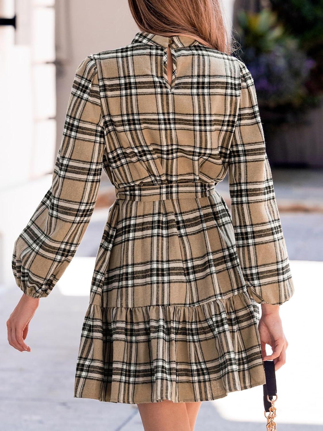 imageCUPSHE Womens Mini Dress High Neck Plaid Long Sleeve Belted Ruffled Hem Short DressesKhaki