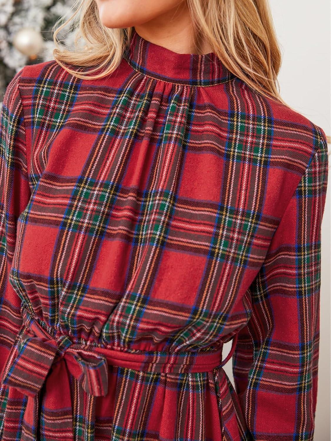 imageCUPSHE Womens Mini Dress High Neck Plaid Long Sleeve Belted Ruffled Hem Short DressesRed Plaid