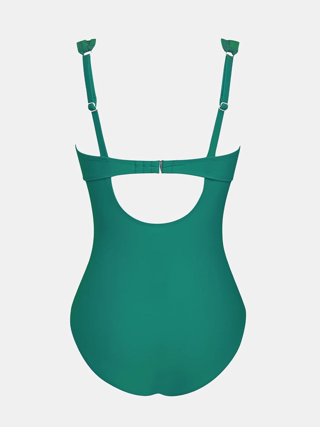 imageCUPSHE Womens One Piece Swimsuit Bathing Suit V Neck Adjustable Straps Ruched Mesh Back HookTeal Green