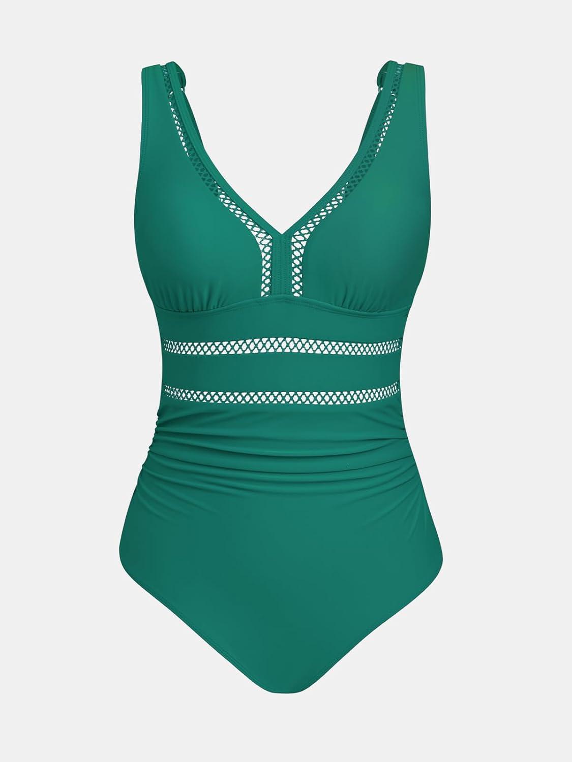 imageCUPSHE Womens One Piece Swimsuit Bathing Suit V Neck Adjustable Straps Ruched Mesh Back HookTeal Green