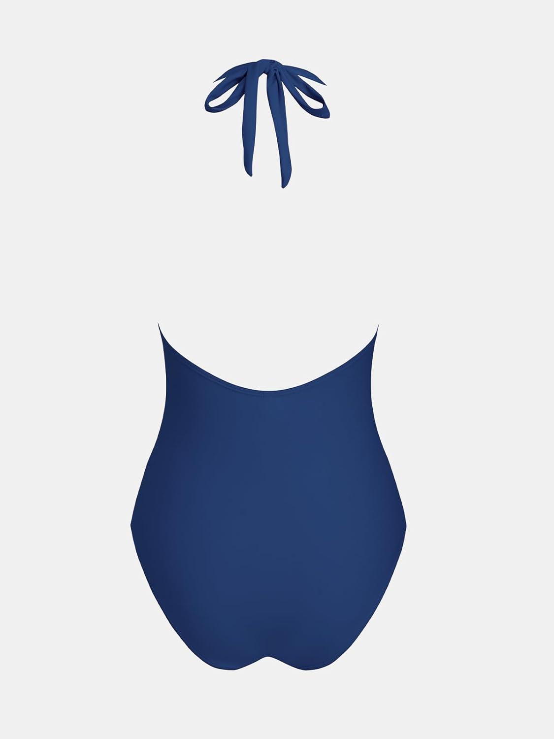 imageCUPSHE Womens One Piece Swimsuit Plunging Deep V Neck Halter Bathing Suit Ruched Adjustable Straps Self Tie O RingNavy Blue