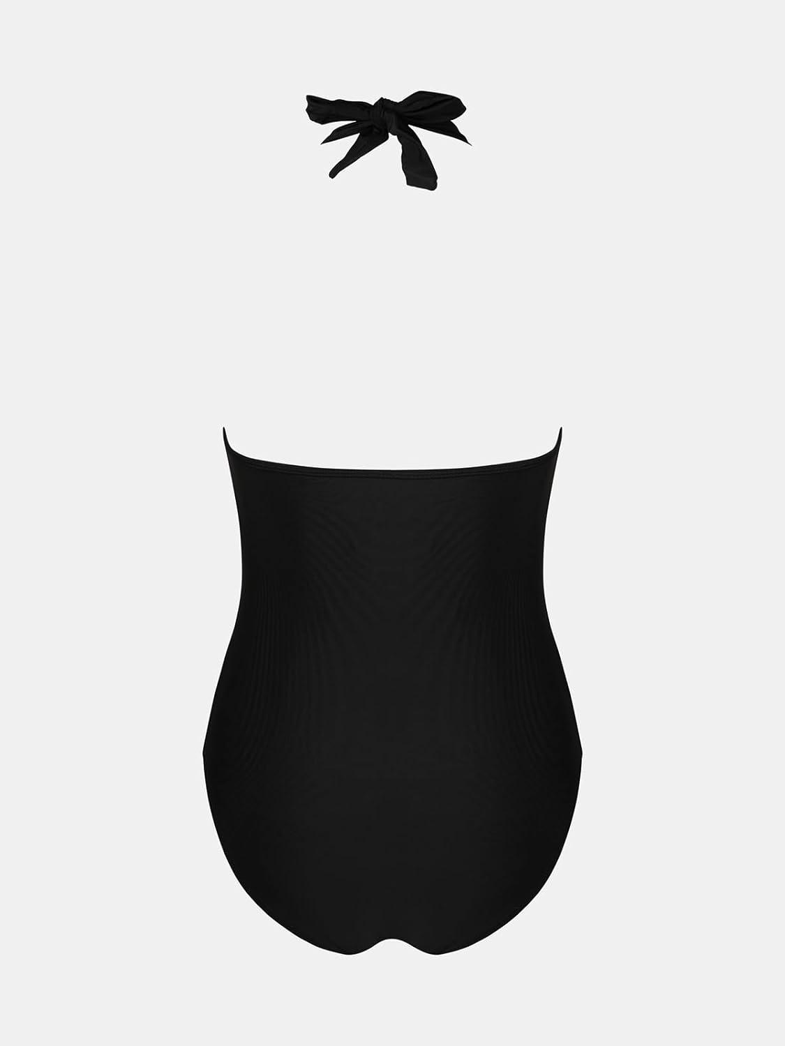 imageCUPSHE Womens One Piece Swimsuit Plunging Neck Bathing Suit Halter Strappy Lace Cutouts SwimwearBlack