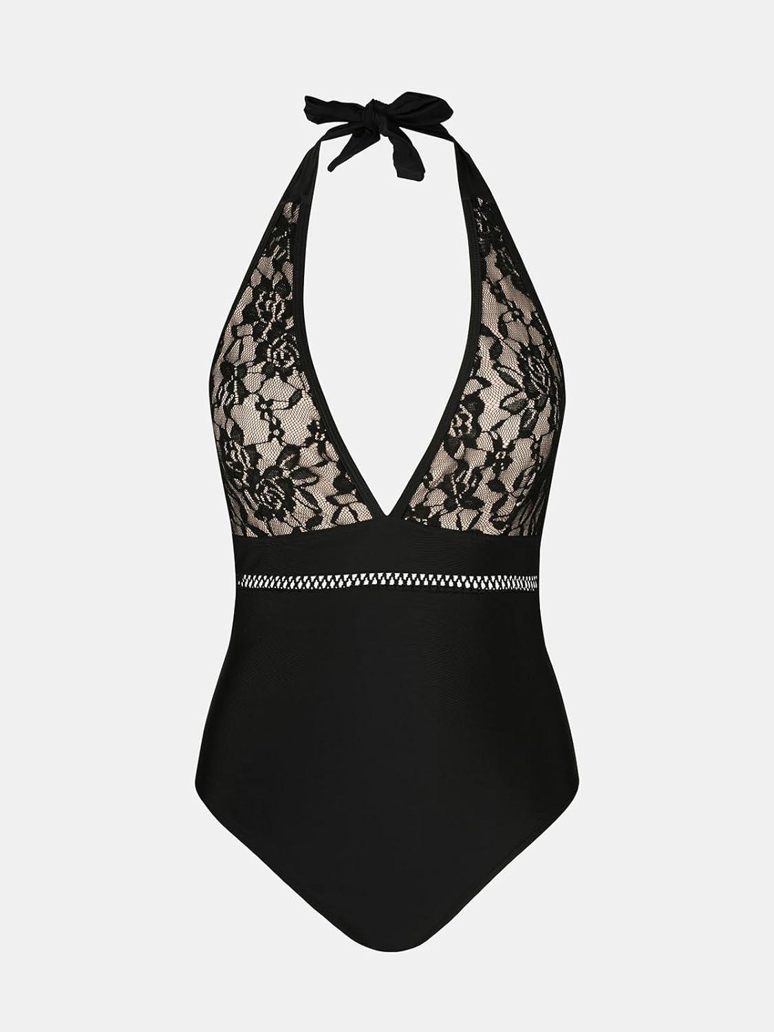 imageCUPSHE Womens One Piece Swimsuit Plunging Neck Bathing Suit Halter Strappy Lace Cutouts SwimwearBlack