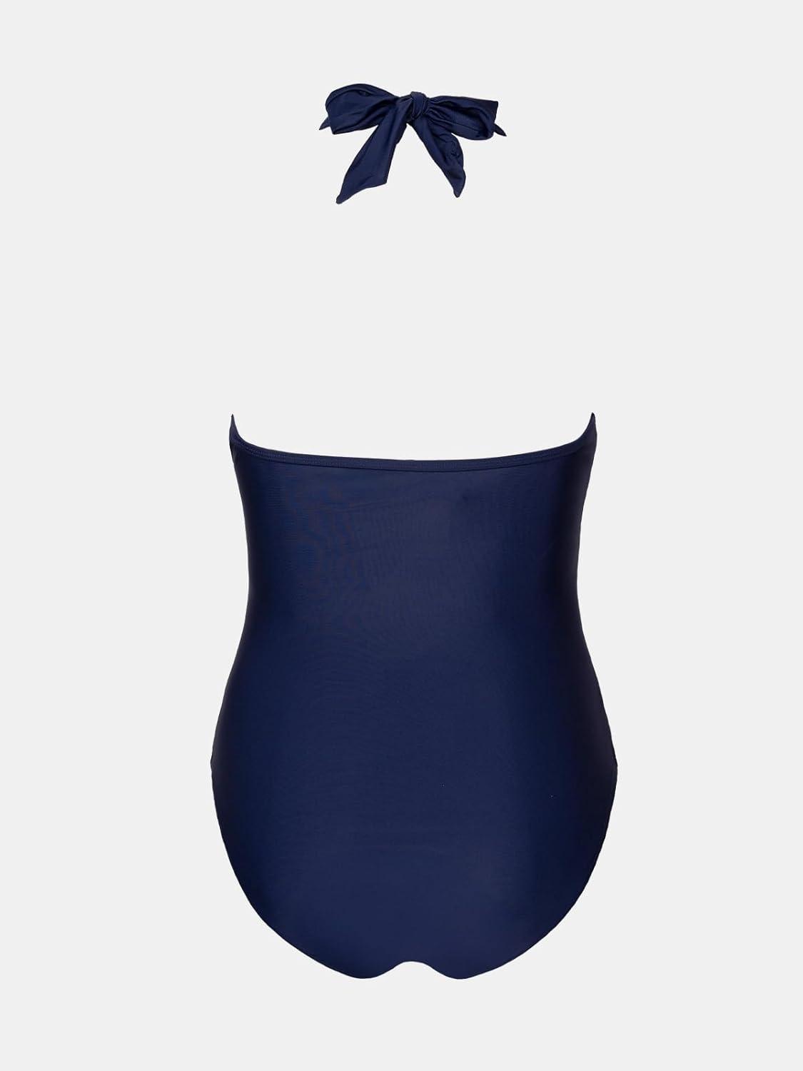 imageCUPSHE Womens One Piece Swimsuit Plunging Neck Bathing Suit Halter Strappy Lace Cutouts SwimwearNavy Blue