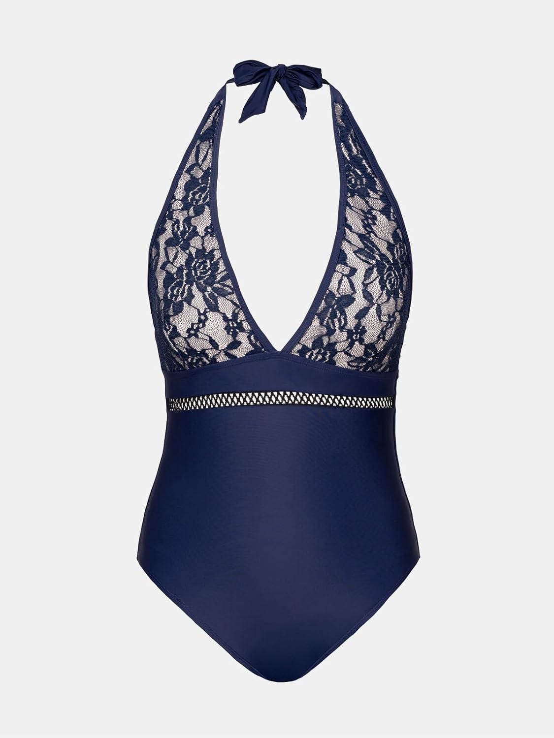 imageCUPSHE Womens One Piece Swimsuit Plunging Neck Bathing Suit Halter Strappy Lace Cutouts SwimwearNavy Blue