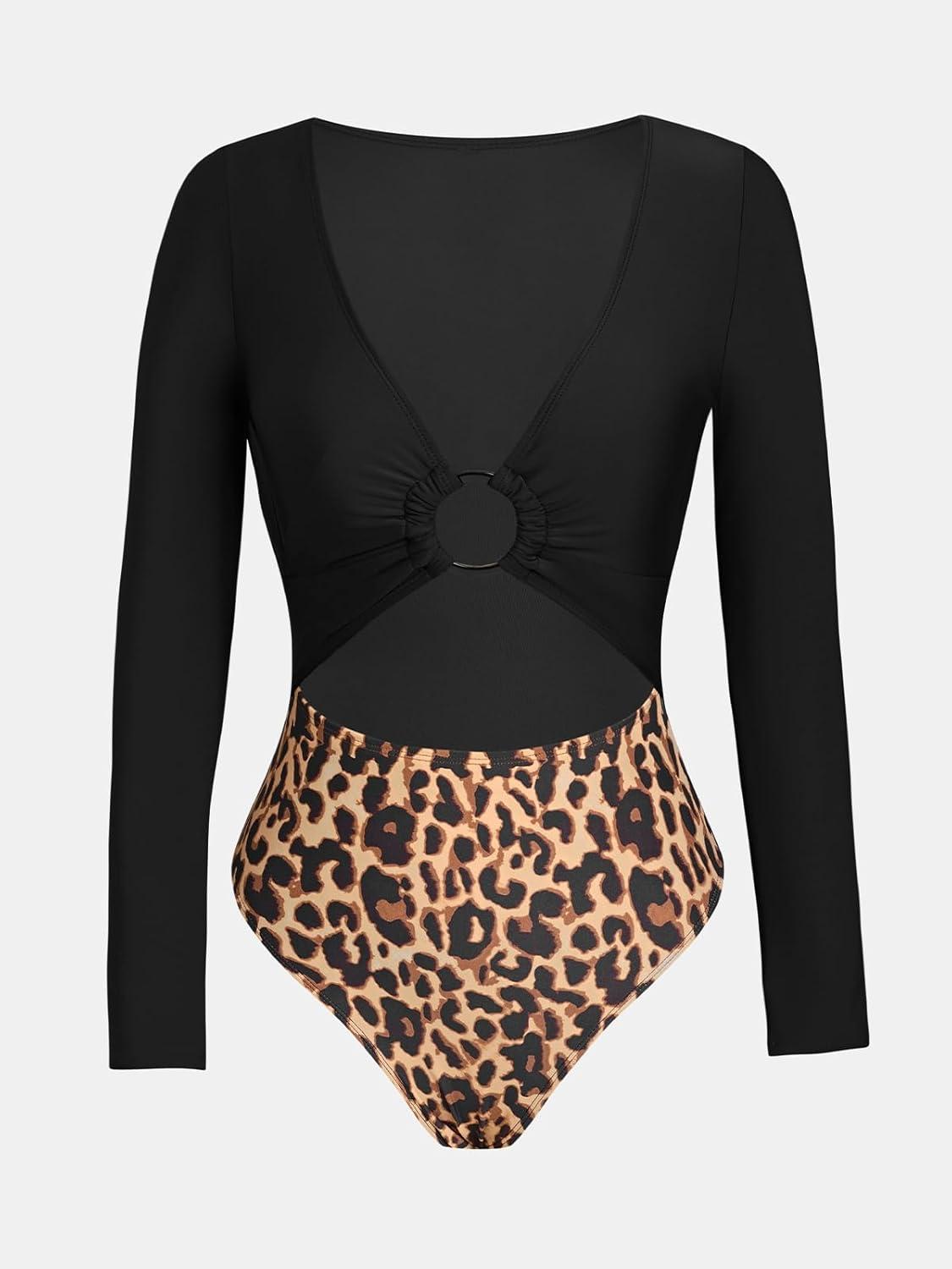 imageCUPSHE Womens One Piece Swimsuit Rash Guard Long Sleeve Cutout UPF 50 UV Deep V Neck ORingBlackLeopard