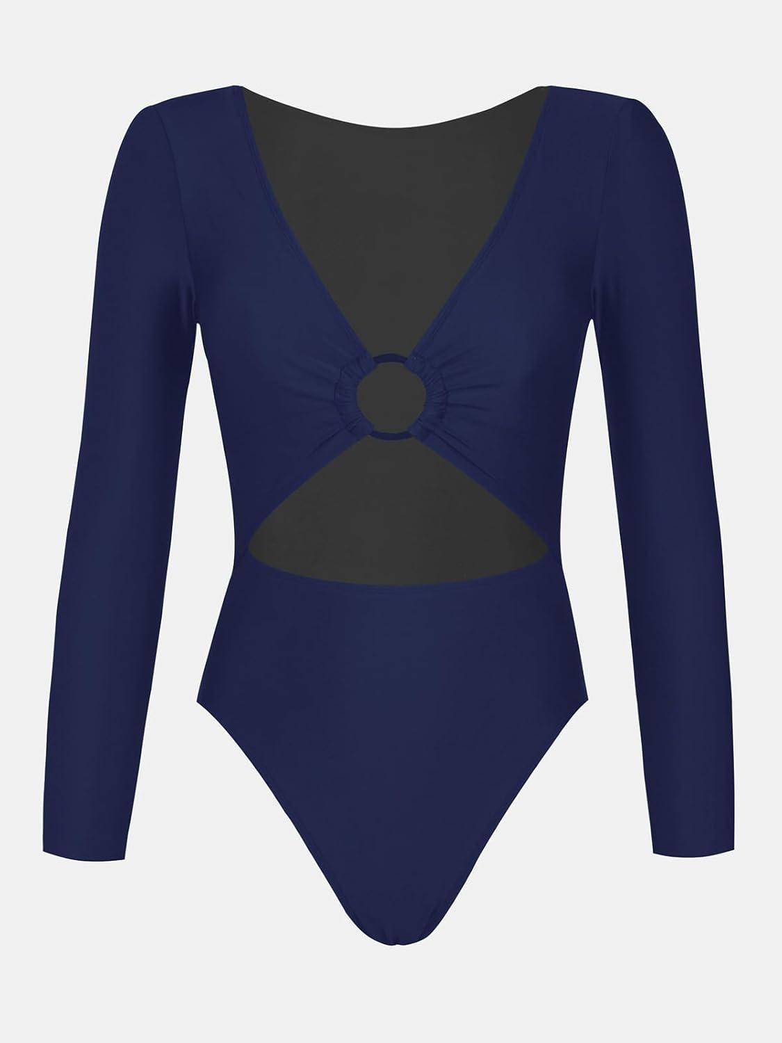 imageCUPSHE Womens One Piece Swimsuit Rash Guard Long Sleeve Cutout UPF 50 UV Deep V Neck ORingDark Navy Blue