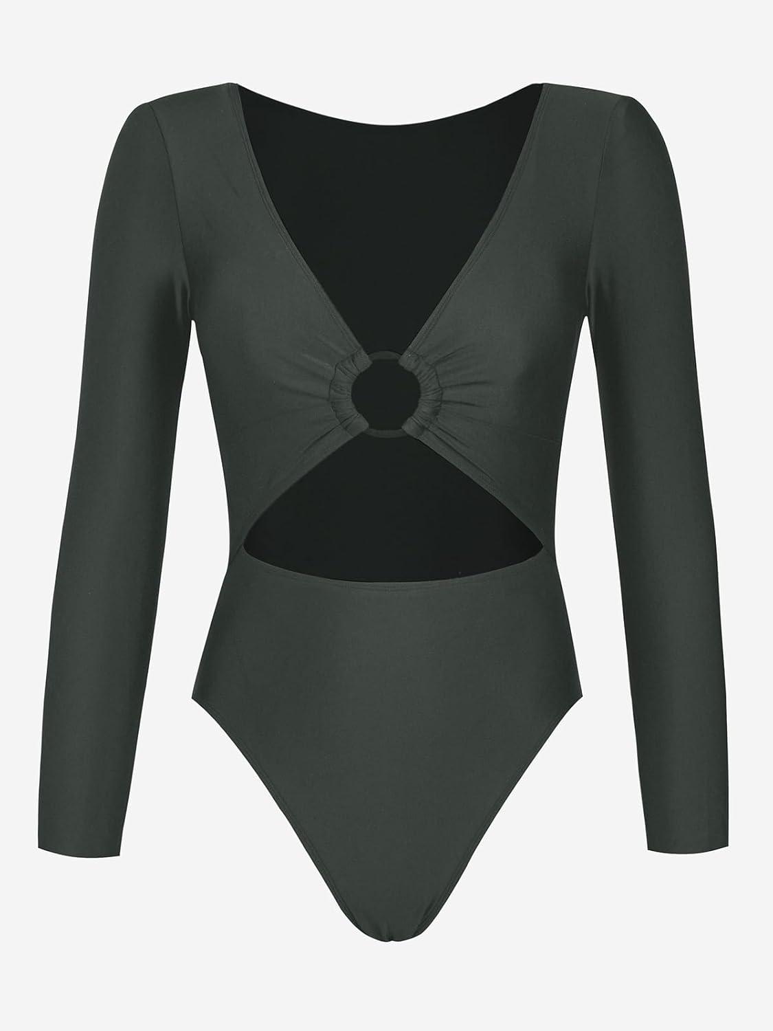 imageCUPSHE Womens One Piece Swimsuit Rash Guard Long Sleeve Cutout UPF 50 UV Deep V Neck ORingGray Green