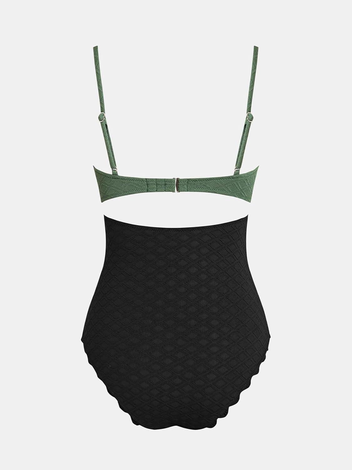 imageCUPSHE Womens One Piece Swimsuit Sexy Black Cutout Scallop Trim Bathing SuitBlackGreen