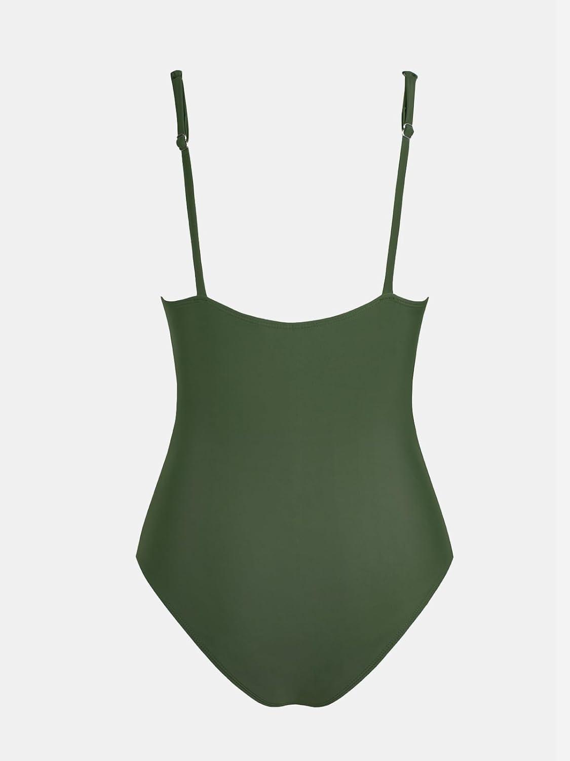 imageCUPSHE Womens One Piece Swimsuit Tummy Control Bathing Suit Deep V Neck Cut Out Mesh Adjustable StrapsDark Green