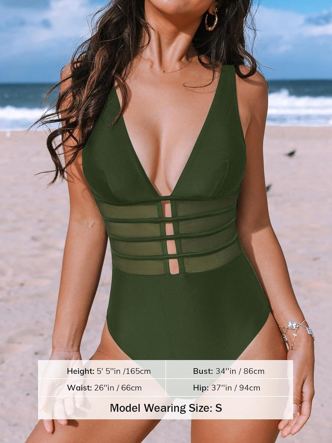 imageCUPSHE Womens One Piece Swimsuit Tummy Control Bathing Suit Deep V Neck Cut Out Mesh Adjustable StrapsDark Green
