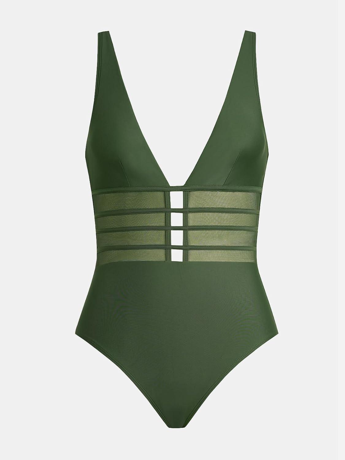 imageCUPSHE Womens One Piece Swimsuit Tummy Control Bathing Suit Deep V Neck Cut Out Mesh Adjustable StrapsDark Green