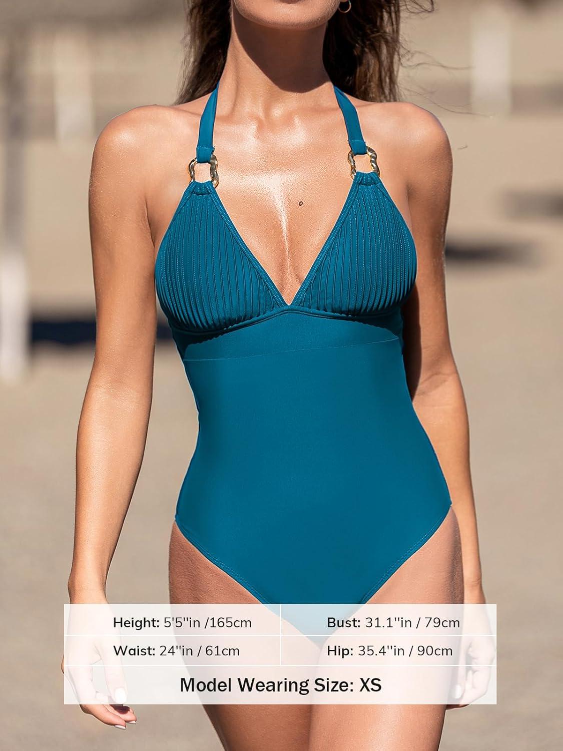 imageCUPSHE Womens One Piece Swimsuit V Neck Bathing Suit Halter Straps Adjustable Self Tie Swimwear Backless StripedDeep Teal Green