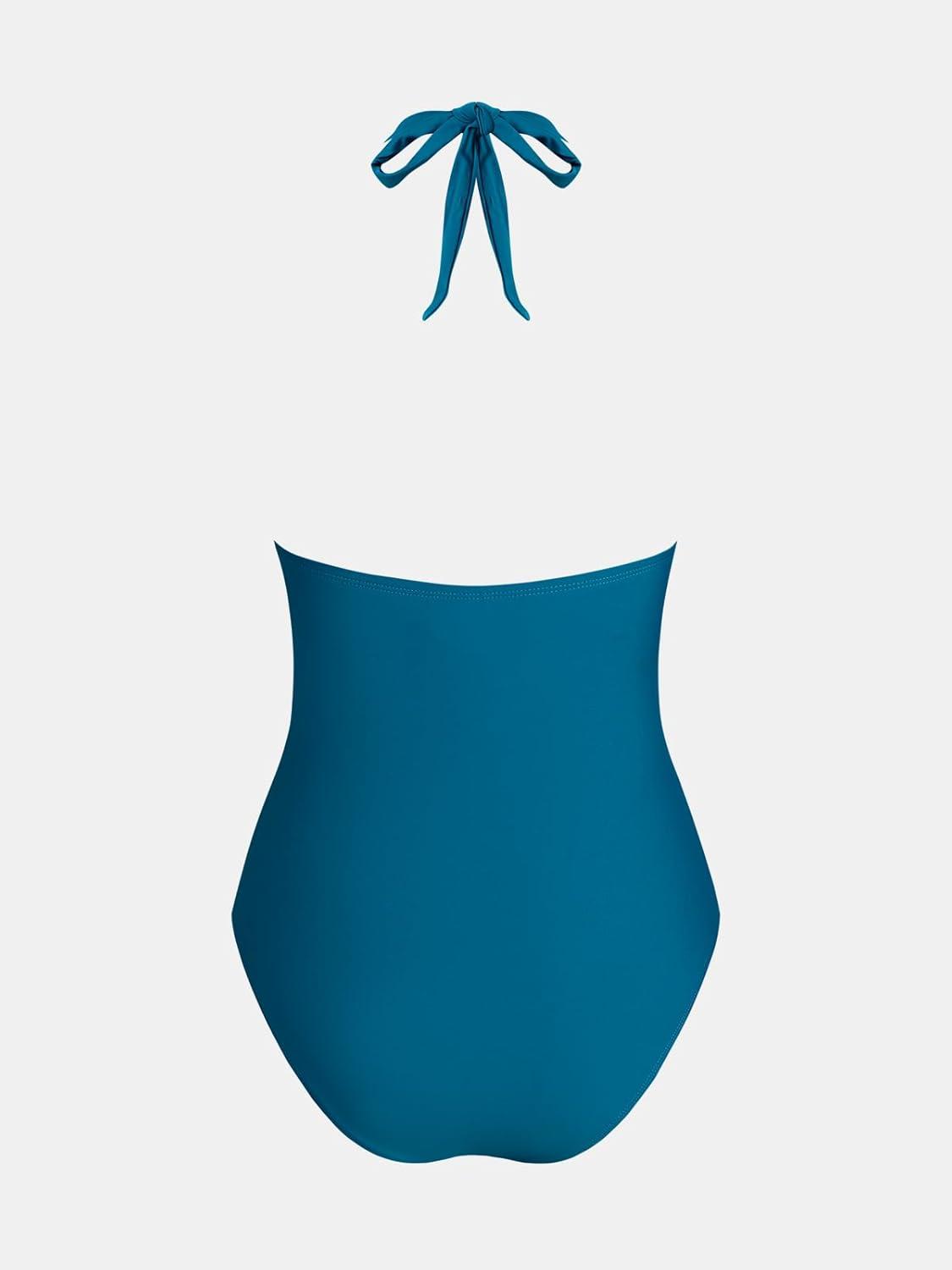 imageCUPSHE Womens One Piece Swimsuit V Neck Bathing Suit Halter Straps Adjustable Self Tie Swimwear Backless StripedDeep Teal Green