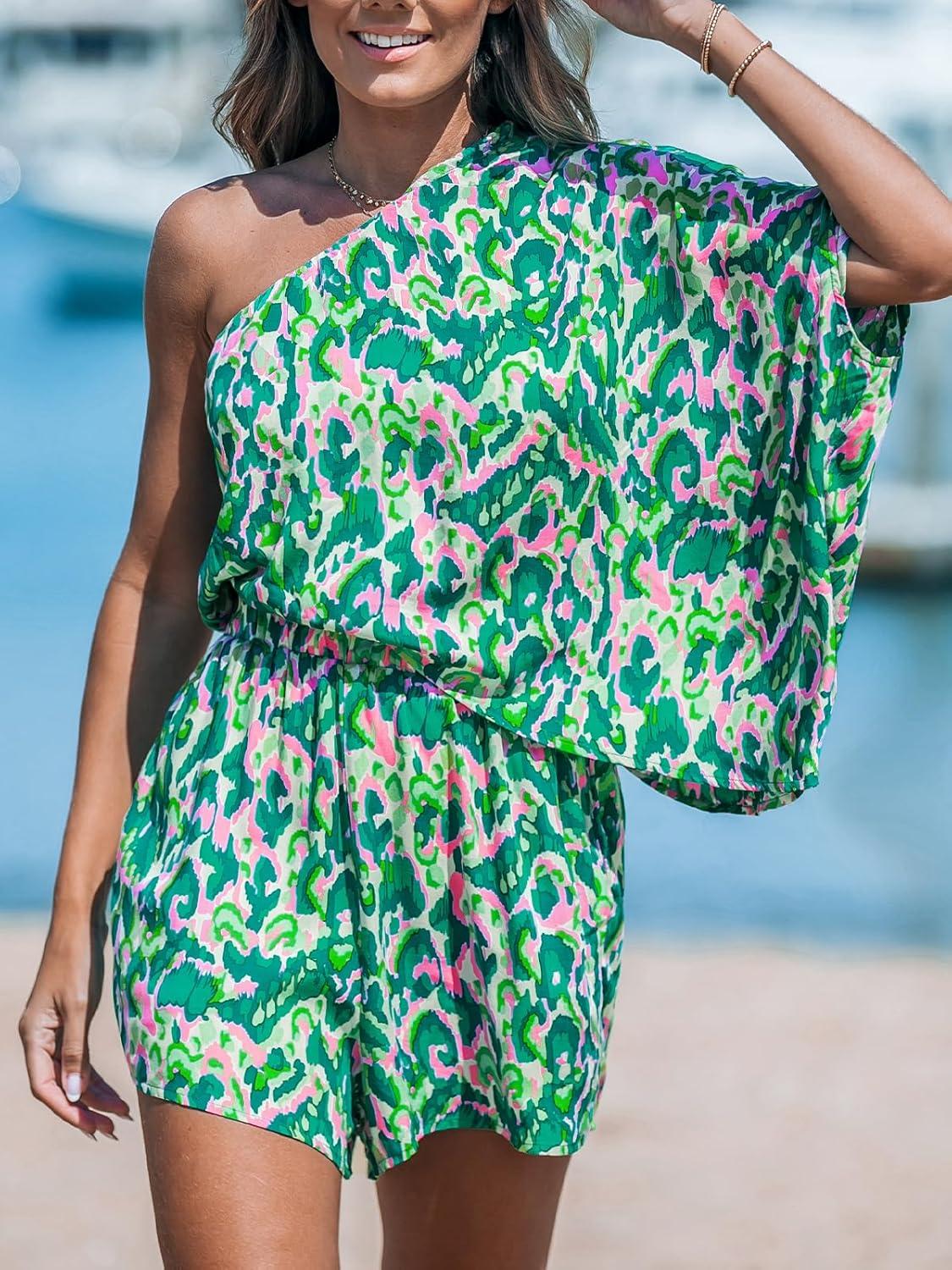 imageCUPSHE Womens One Shoulder Romper 34 Sleeve Wide Leg Mini Jumpsuit Short Draped Bodice Romper Casual Summer Loose OutfitGreen Leopard