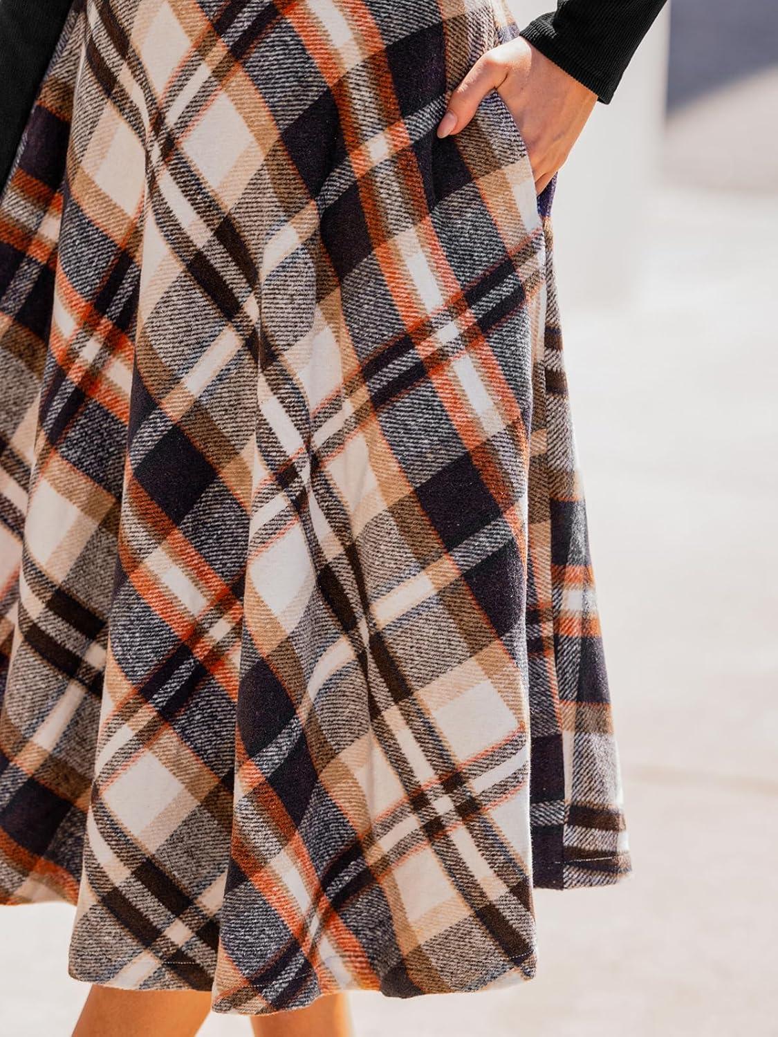 imageCUPSHE Womens Plaid Maxi Skirts Dressy A Line Tie Waist Long Skirt Casual Vintage Office with PocketsBrown