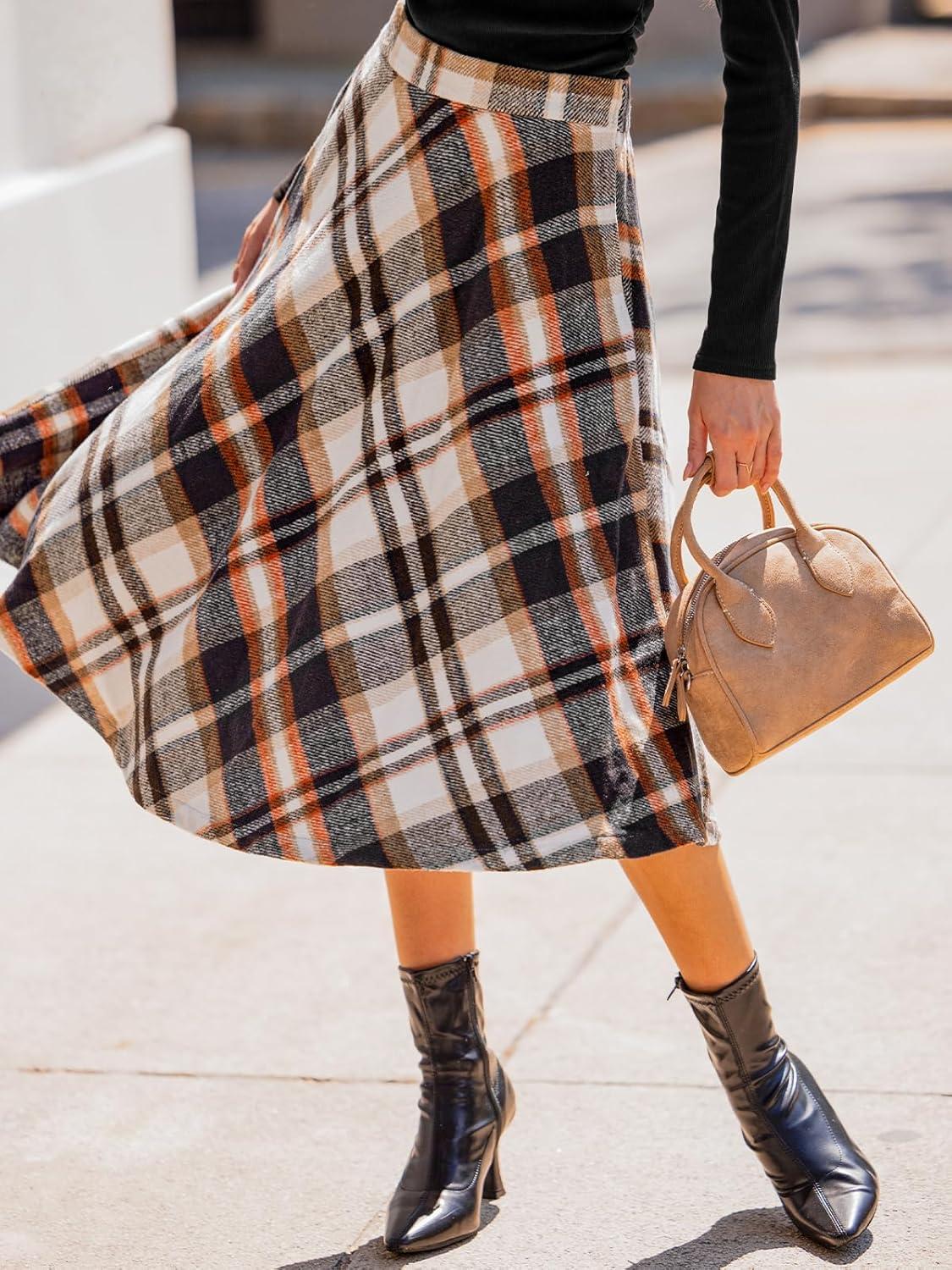 imageCUPSHE Womens Plaid Maxi Skirts Dressy A Line Tie Waist Long Skirt Casual Vintage Office with PocketsBrown