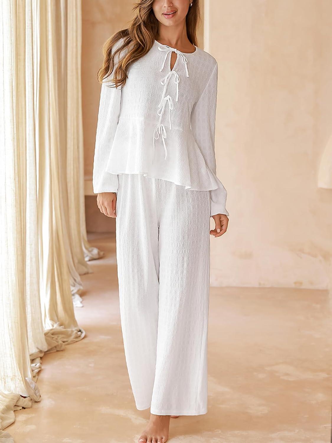 imageCUPSHE Womens Puff Long Sleeve Lounge Sets 2 Piece Bow Tie Front Ruffle Top Wide Leg Pants Casual Pajamas SetWhite