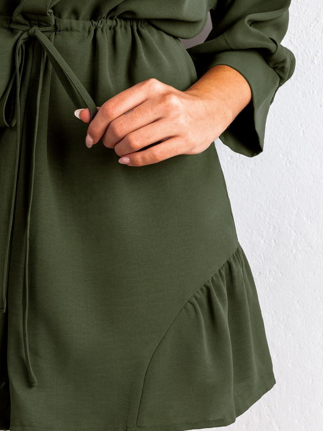 imageCUPSHE Womens Romper Collared Button Ruching Lace Up Woven Jumpsuits 34 Sleeve Wide Leg Outfit Casual DressyOlive