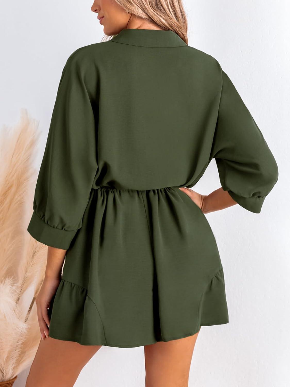 imageCUPSHE Womens Romper Collared Button Ruching Lace Up Woven Jumpsuits 34 Sleeve Wide Leg Outfit Casual DressyOlive