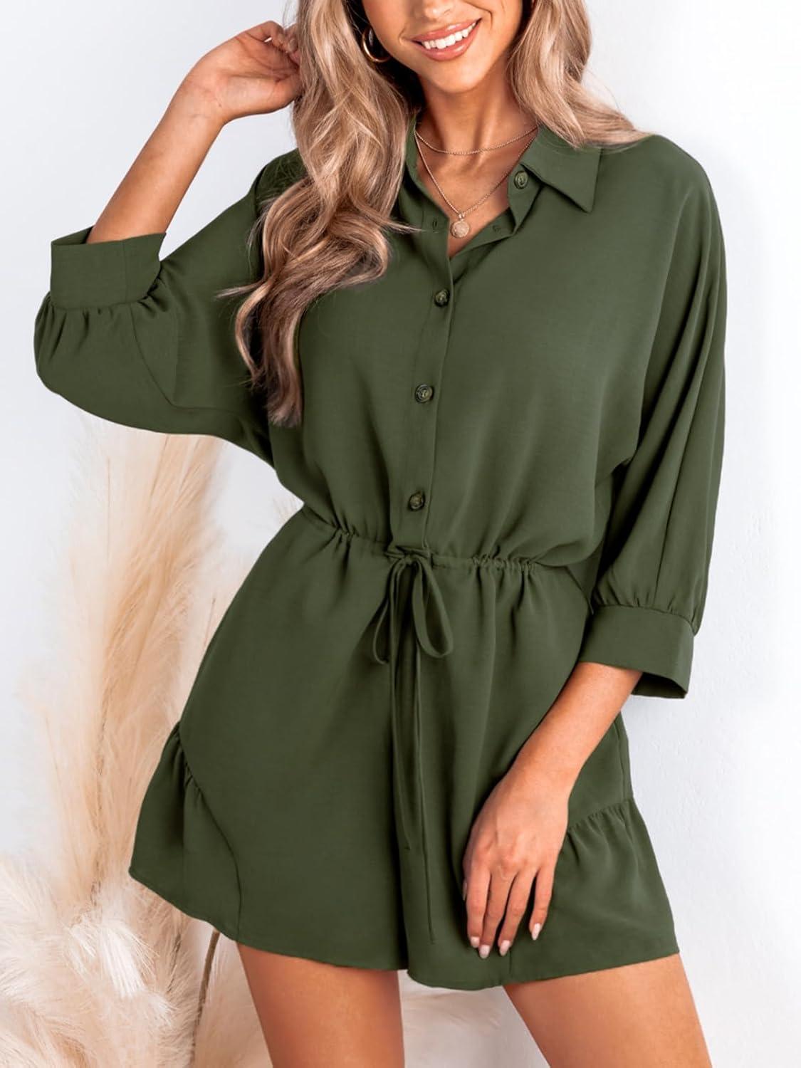 imageCUPSHE Womens Romper Collared Button Ruching Lace Up Woven Jumpsuits 34 Sleeve Wide Leg Outfit Casual DressyOlive