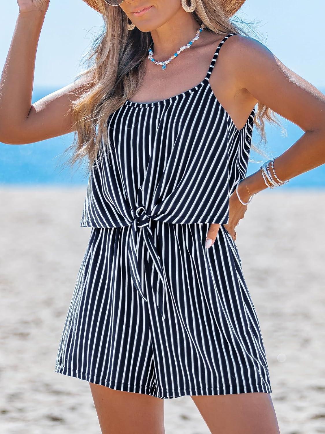 imageCUPSHE Womens Romper Round Neck Sleeveless Stripe High Waist Wide Leg Pants One Piece Casual Summer Outfits JumpsuitBlack