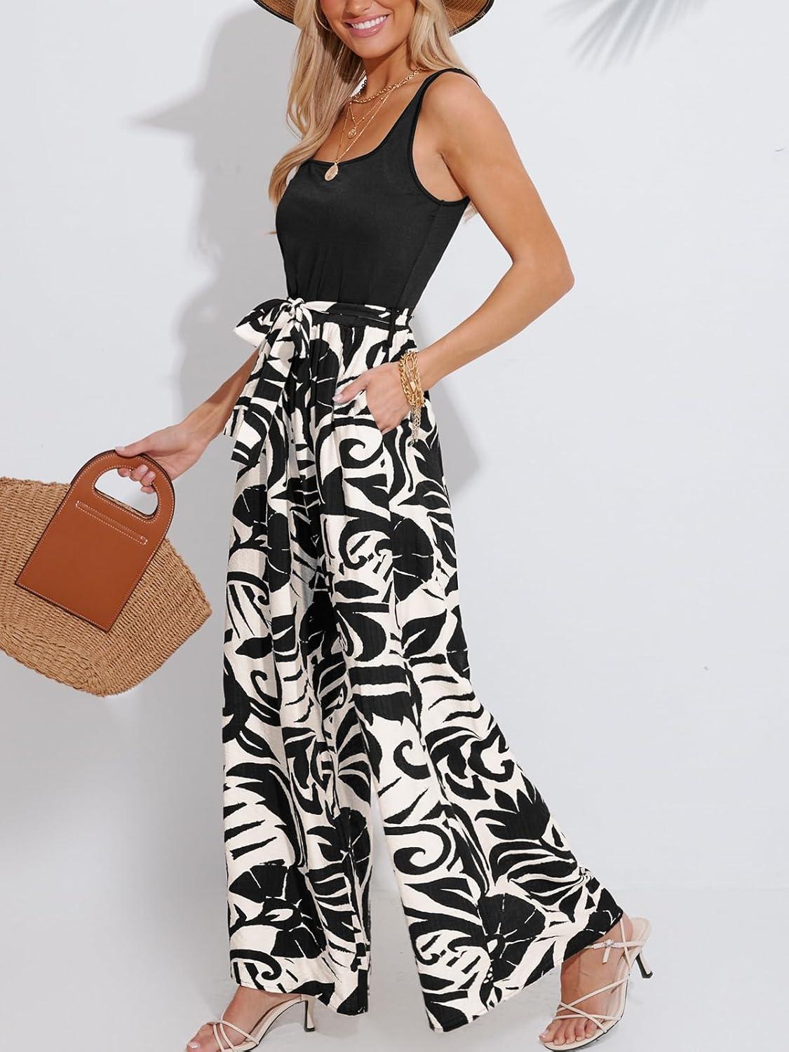 imageCUPSHE Womens Romper Square Neck Sleeveless Belted Pocket Wide leg Maxi Outfit Casual DressyBlack