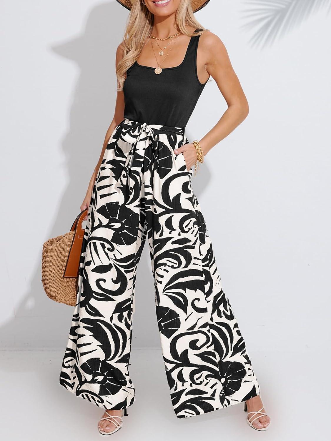 imageCUPSHE Womens Romper Square Neck Sleeveless Belted Pocket Wide leg Maxi Outfit Casual DressyBlack
