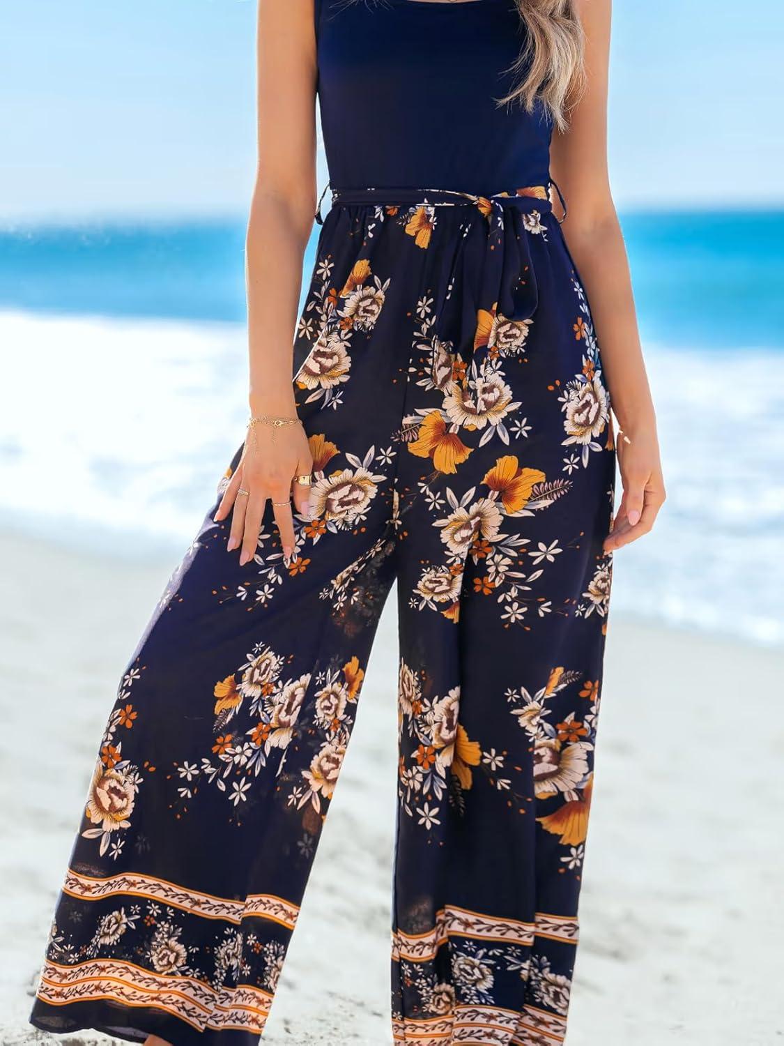imageCUPSHE Womens Romper Square Neck Sleeveless Belted Pocket Wide leg Maxi Outfit Casual DressyNavy