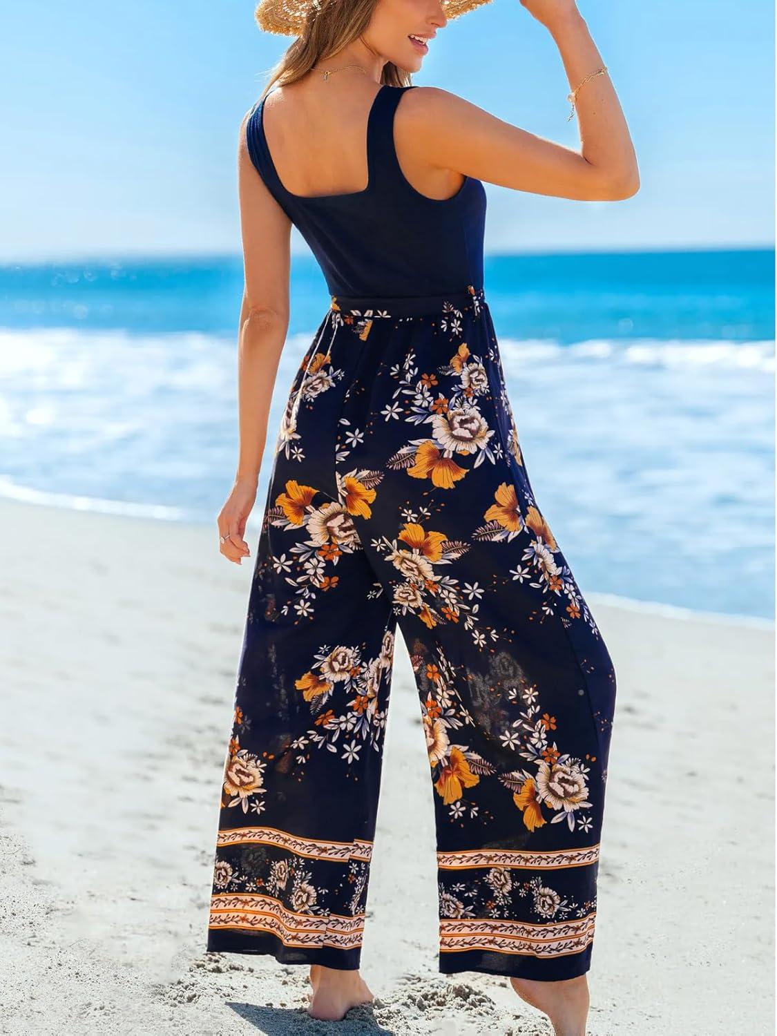 imageCUPSHE Womens Romper Square Neck Sleeveless Belted Pocket Wide leg Maxi Outfit Casual DressyNavy