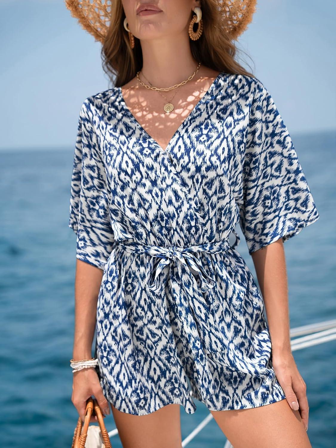imageCUPSHE Womens Romper V Neck Half Sleeves Waist Boho Wide leg Jumpsuit Outfit Coverup Casual VacationBlue