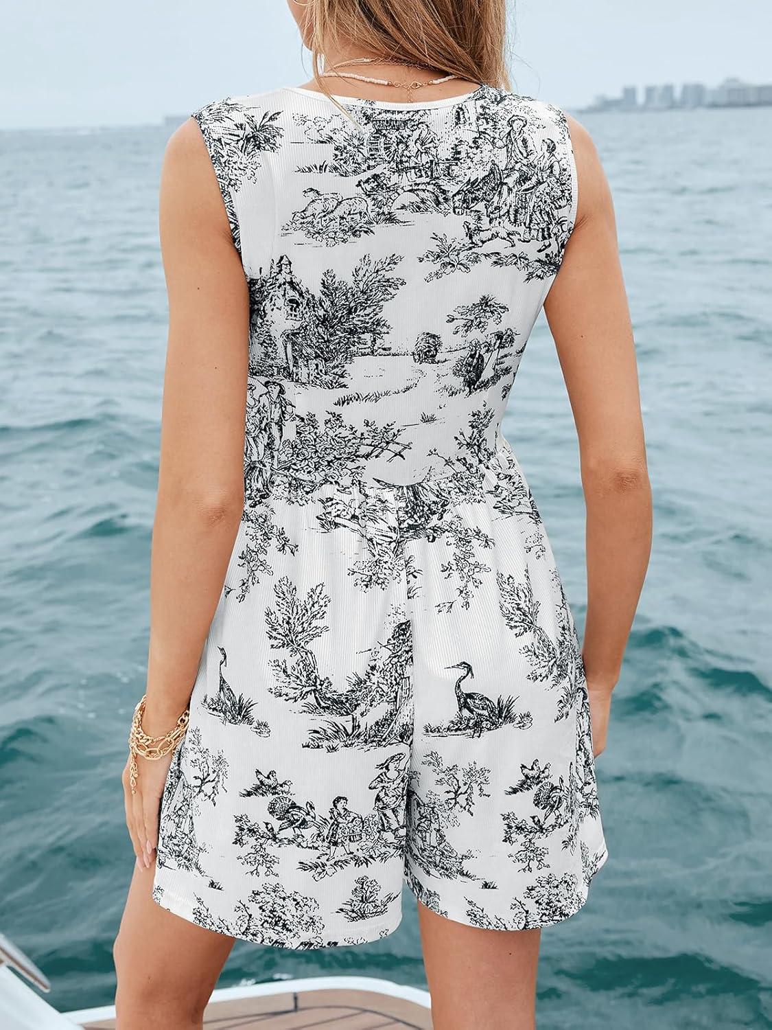 imageCUPSHE Womens Romper V Neck Printed Floral Sleeveless High Waist Jumpsuit Casual VacationBlack