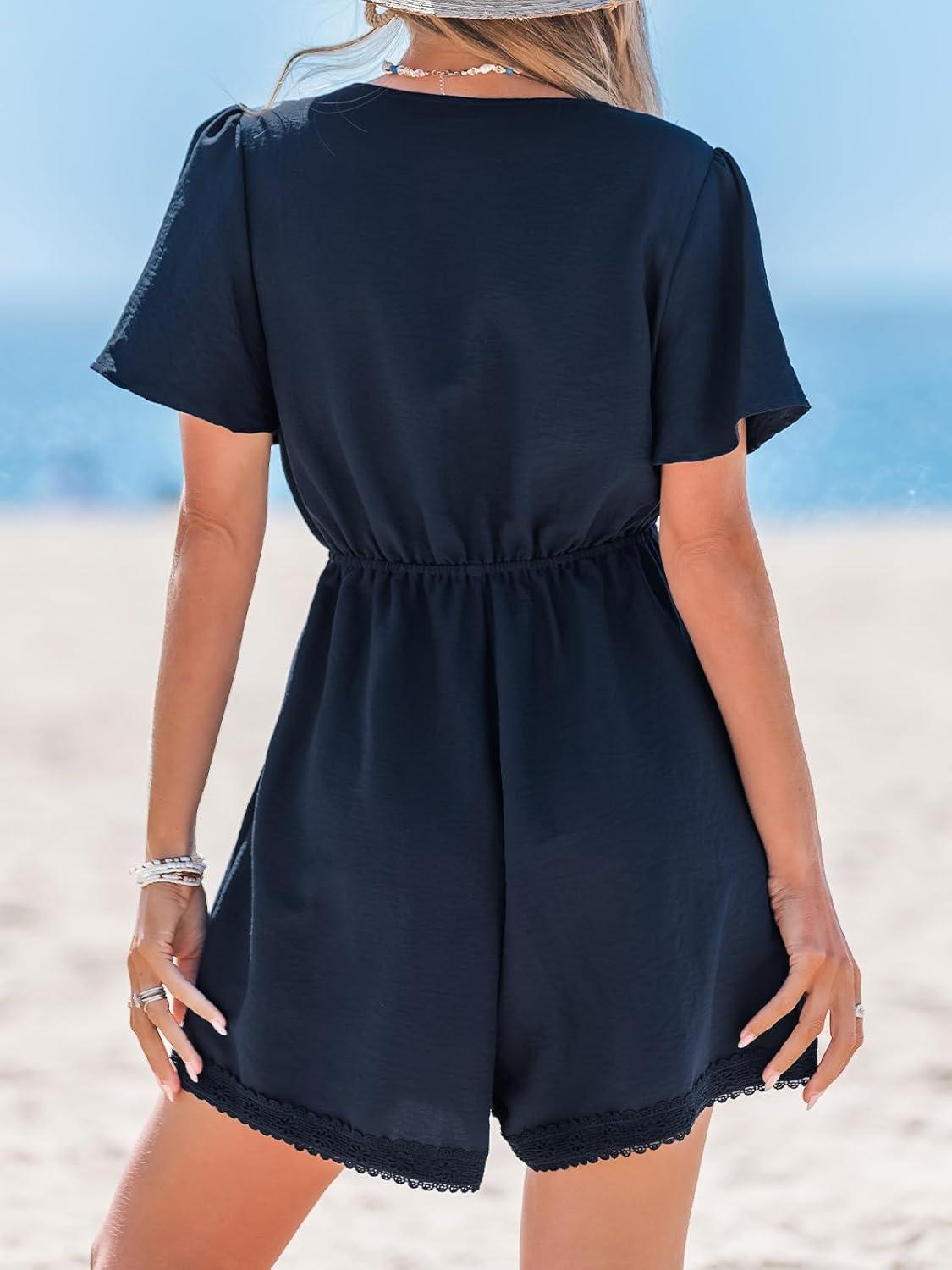 imageCUPSHE Womens Romper V Neck Short Sleeve Wide Leg Waist Jumpsuit Casual Elegant Outfit Beach VacationNavy