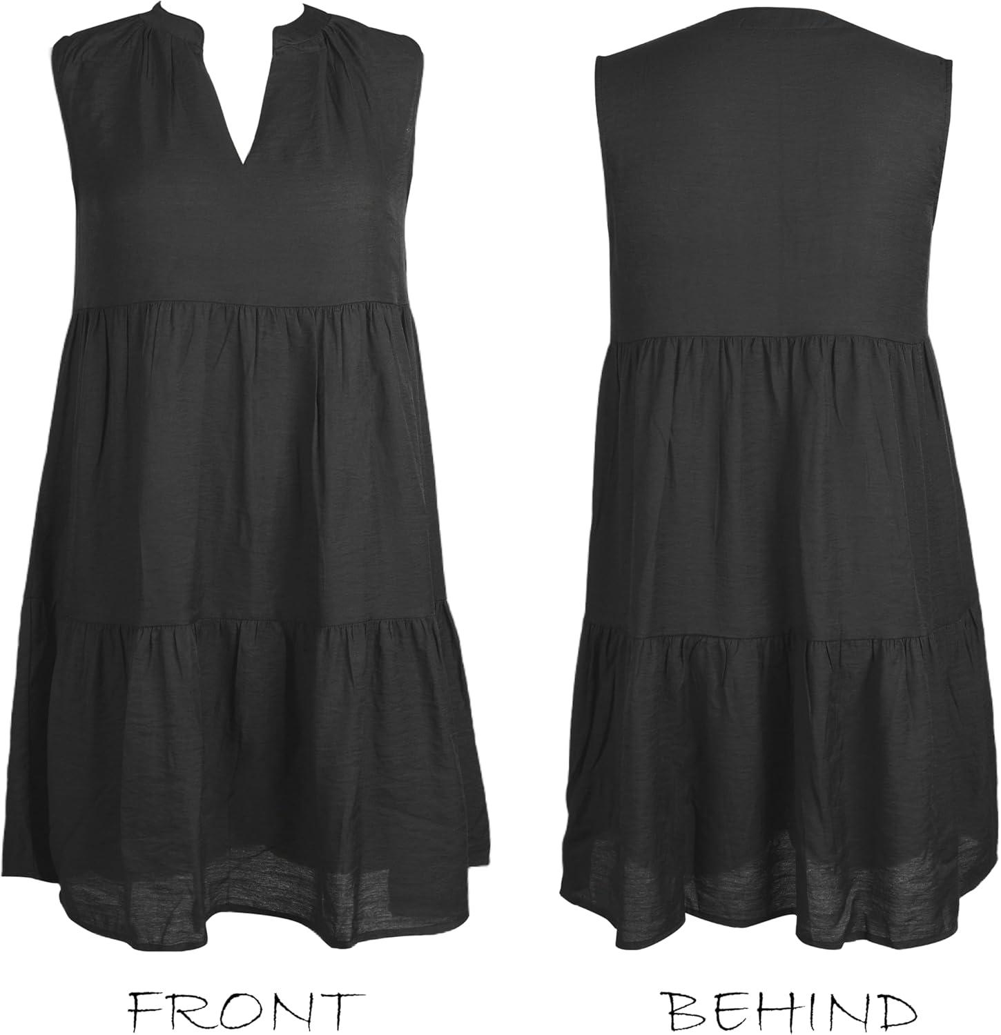 imageCUPSHE Womens Ruffle Beach Mini Dress Split V Neck A Line Sleeveless Geometric Stripe Tropical Leaf Pattern Summer DressesBlack