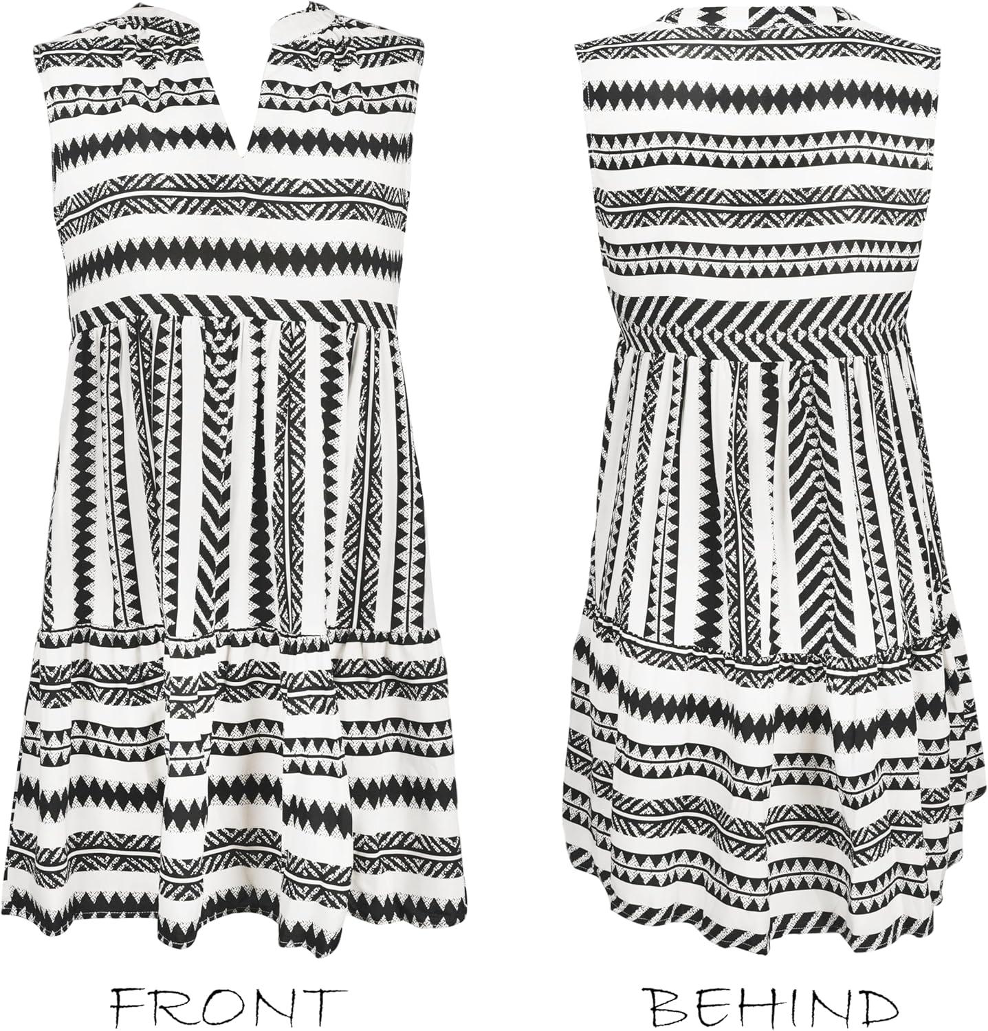 imageCUPSHE Womens Ruffle Beach Mini Dress Split V Neck A Line Sleeveless Geometric Stripe Tropical Leaf Pattern Summer DressesBlack Geometric