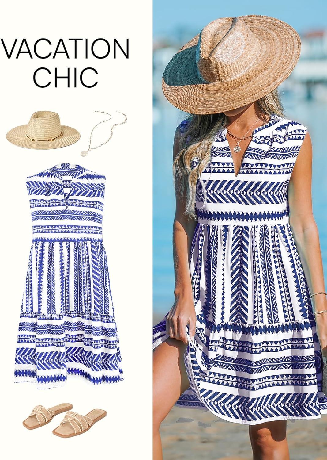 imageCUPSHE Womens Ruffle Beach Mini Dress Split V Neck A Line Sleeveless Geometric Stripe Tropical Leaf Pattern Summer DressesBlue Geometric