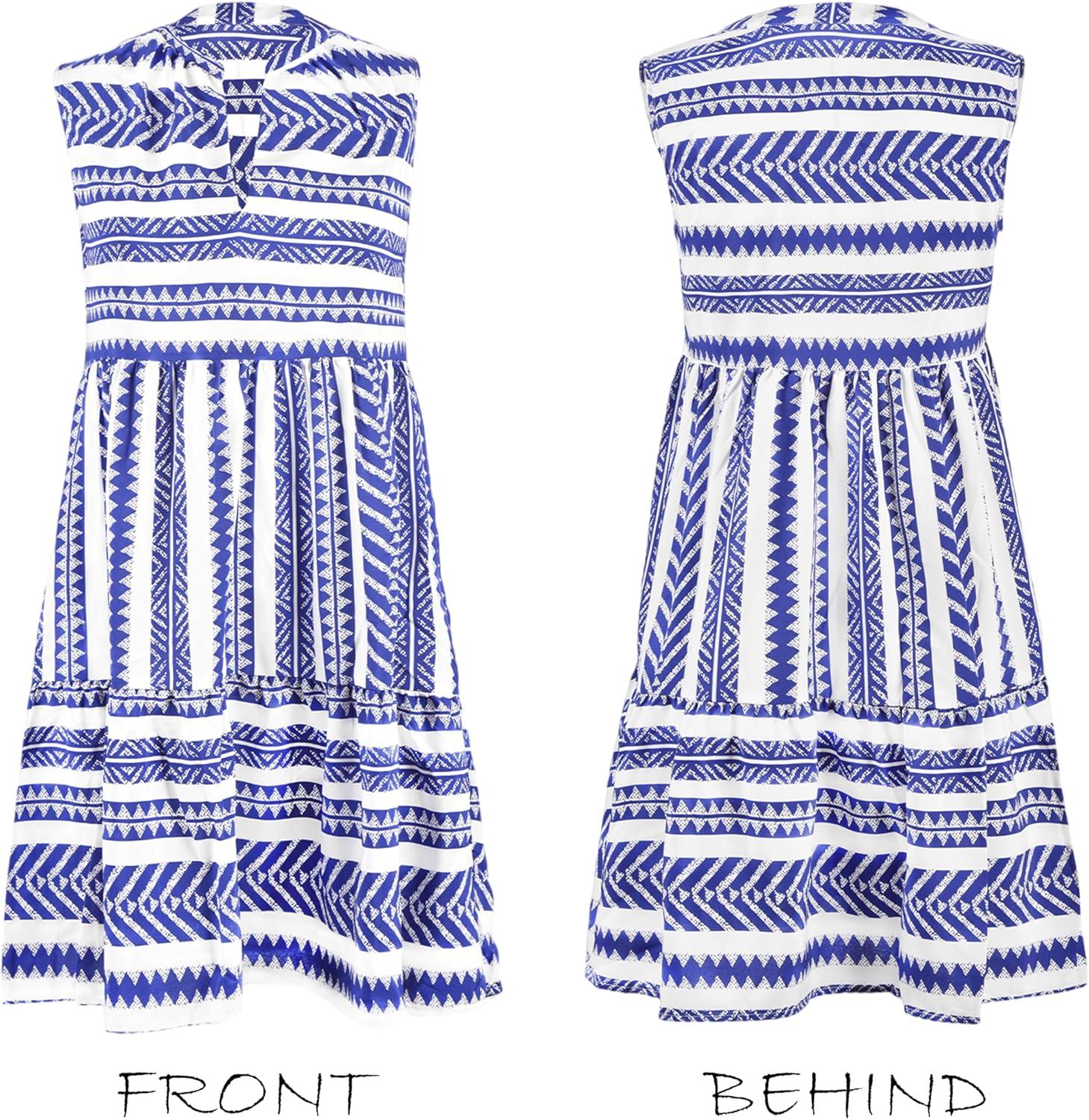 imageCUPSHE Womens Ruffle Beach Mini Dress Split V Neck A Line Sleeveless Geometric Stripe Tropical Leaf Pattern Summer DressesBlue Geometric