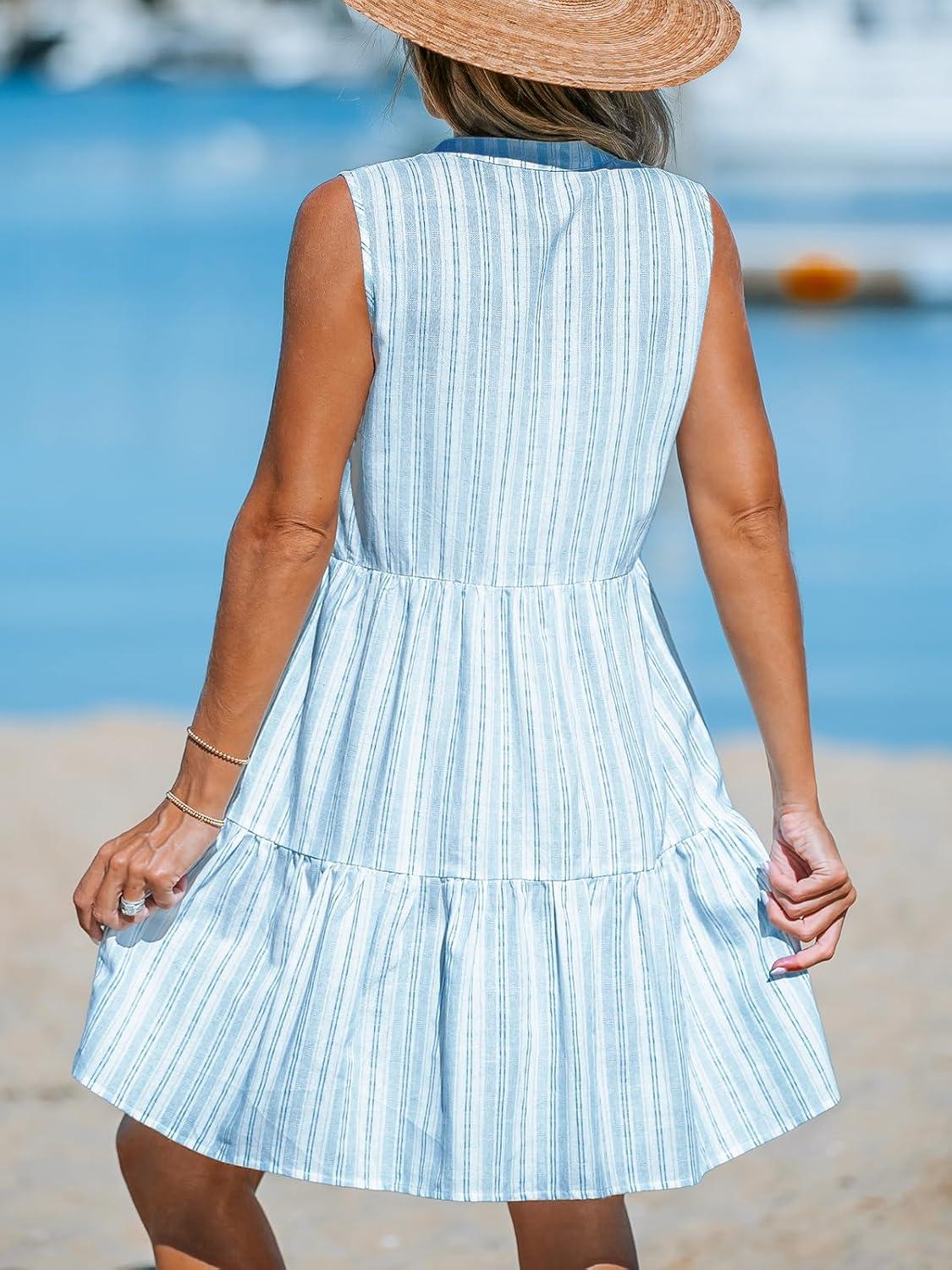 imageCUPSHE Womens Ruffle Beach Mini Dress Split V Neck A Line Sleeveless Geometric Stripe Tropical Leaf Pattern Summer DressesBlue Striped
