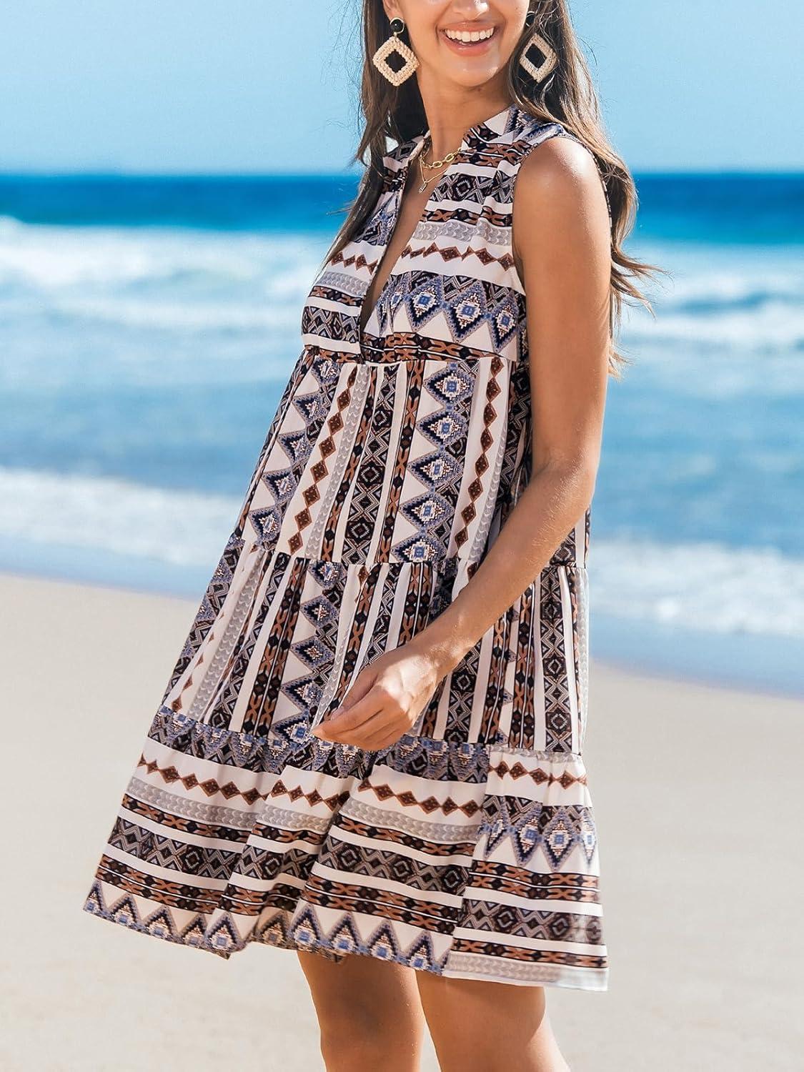 imageCUPSHE Womens Ruffle Beach Mini Dress Split V Neck A Line Sleeveless Geometric Stripe Tropical Leaf Pattern Summer DressesBrown Blue Geo