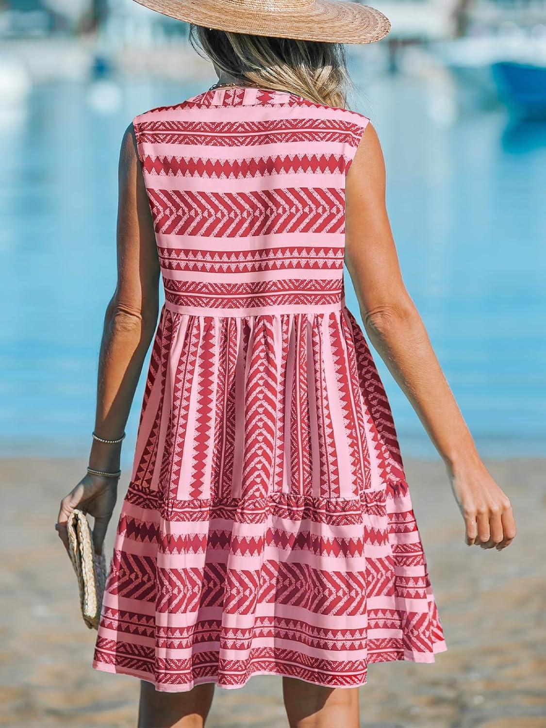 imageCUPSHE Womens Ruffle Beach Mini Dress Split V Neck A Line Sleeveless Geometric Stripe Tropical Leaf Pattern Summer DressesDeep Pink Geometric