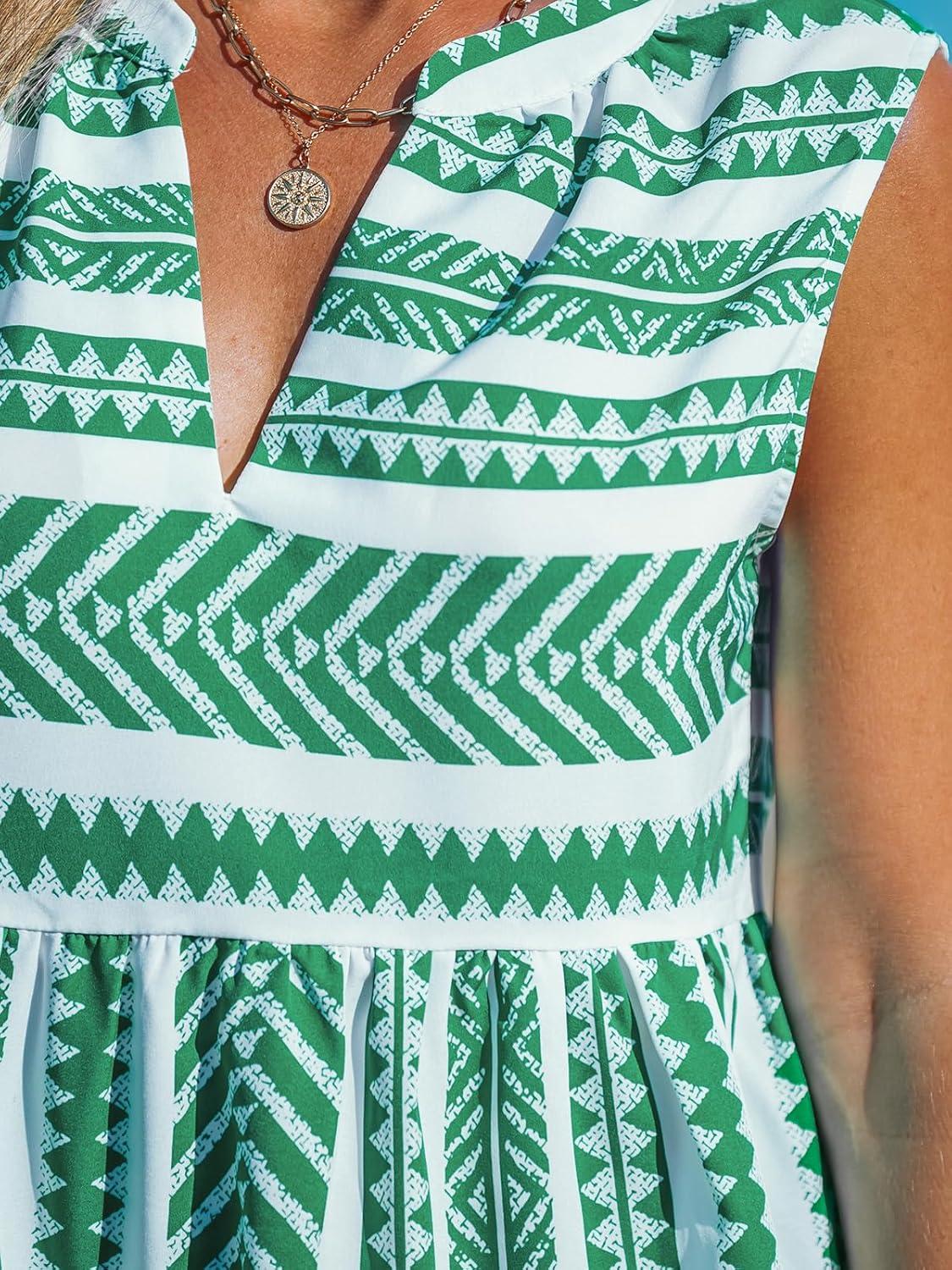 imageCUPSHE Womens Ruffle Beach Mini Dress Split V Neck A Line Sleeveless Geometric Stripe Tropical Leaf Pattern Summer DressesGreen Geometric