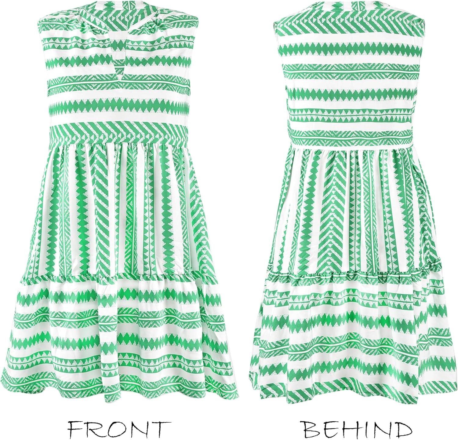 imageCUPSHE Womens Ruffle Beach Mini Dress Split V Neck A Line Sleeveless Geometric Stripe Tropical Leaf Pattern Summer DressesGreen Geometric