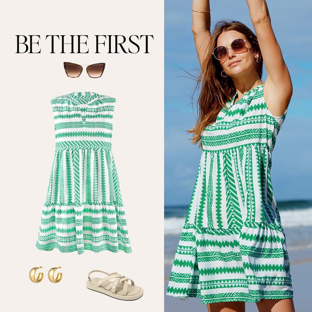 imageCUPSHE Womens Ruffle Beach Mini Dress Split V Neck A Line Sleeveless Geometric Stripe Tropical Leaf Pattern Summer DressesGreen Geometric