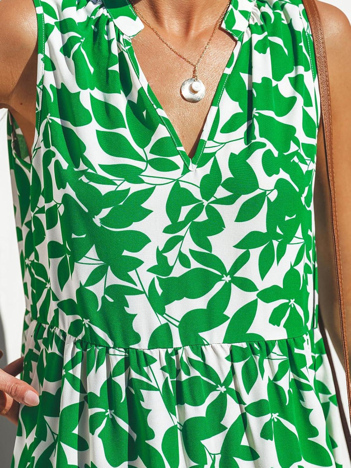 imageCUPSHE Womens Ruffle Beach Mini Dress Split V Neck A Line Sleeveless Geometric Stripe Tropical Leaf Pattern Summer DressesGreen Tropics