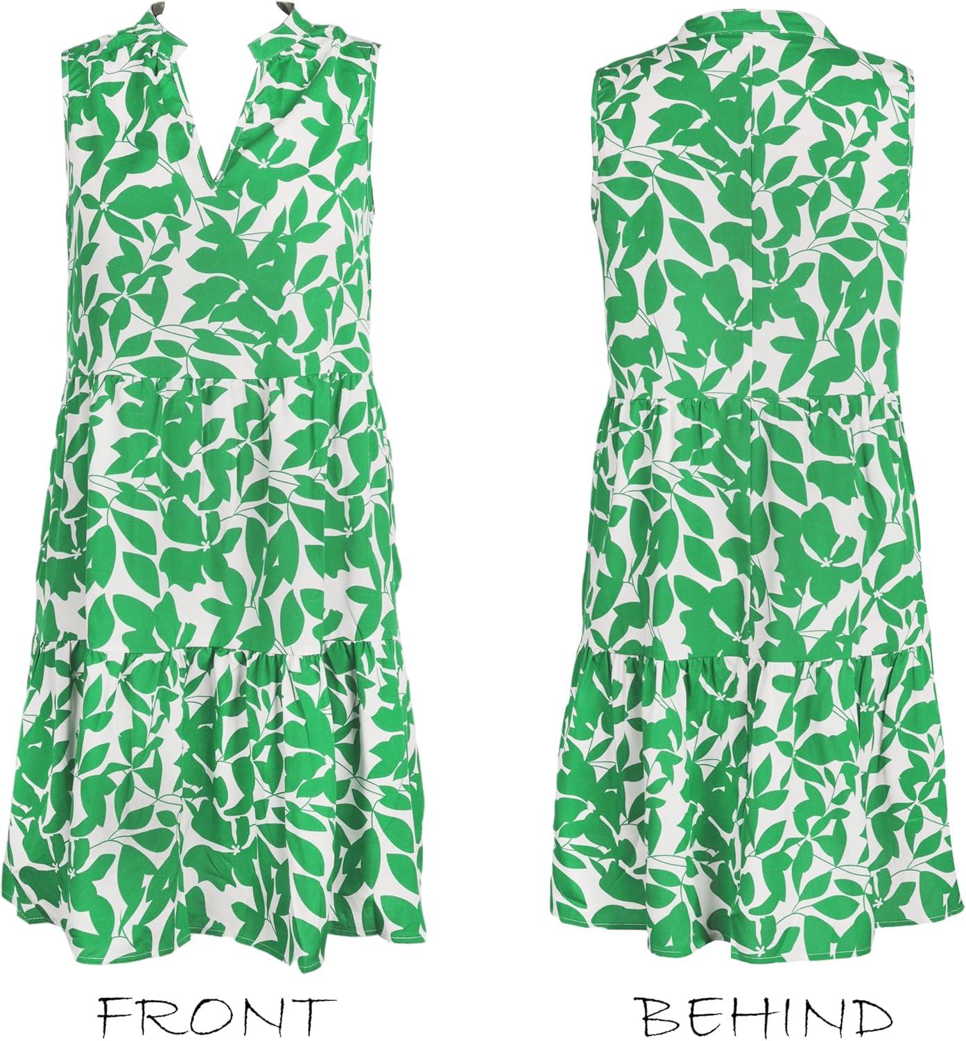 imageCUPSHE Womens Ruffle Beach Mini Dress Split V Neck A Line Sleeveless Geometric Stripe Tropical Leaf Pattern Summer DressesGreen Tropics